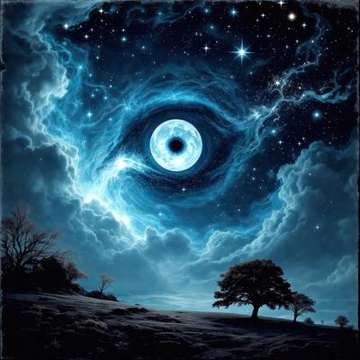 The primary subject of the image is a large, blue, swirling eye with a black center, which appears to be a part of a painting or digital artwork. The setting is a night sky, with a tree and a few stars visible in the background. The visual style is a combination of painting and digital art, creating a surreal and intriguing atmosphere. The dominant colors are blue and black, with the blue eye being the focal point of the image.